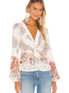 Free People run tunic White Floral Tie-Front Blouse with Orange Accents xs